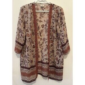 Daytrip Boho Floral Kimono Cardigan XS/S Rust Burgundy Border Open Front Duster